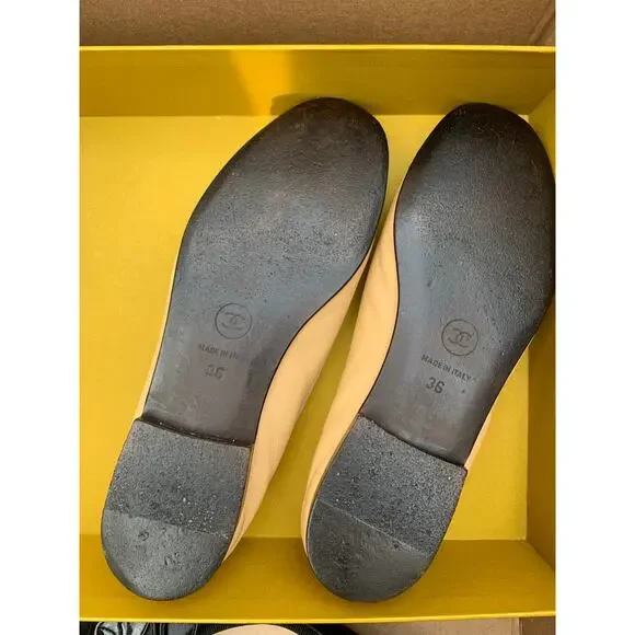 Authentic Chanel Lambskin Leather Ballet Flats Size 36 Two Tone Beige Black Tan - Picture 12 of 15